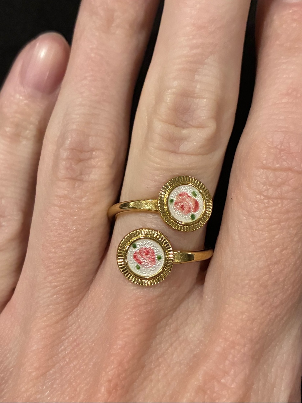 Vintage Guilloche Enamel Gold Bypass Ring
